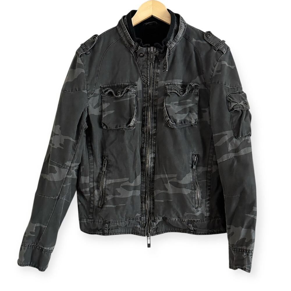 Rogue Black Gray Camo Moto Jacket Double Zipper Utility Pockets Size Large